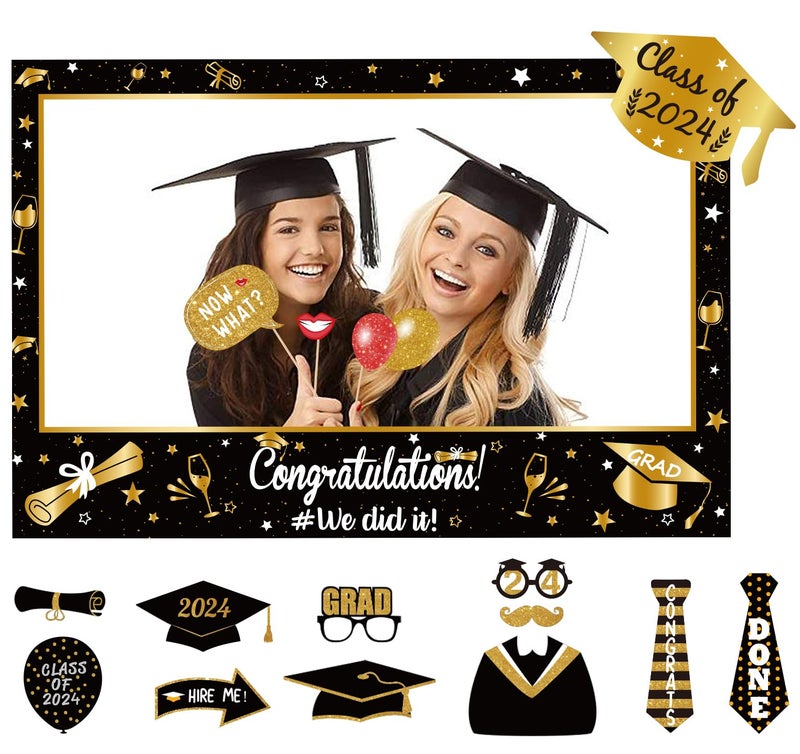 Geefuun Large Size Graduation Photo Frame + 14 Congrats Photo Booth Props Party Supplies - Grad Class of 2024 Decorations Favors (Assembly Needed) - Image 1